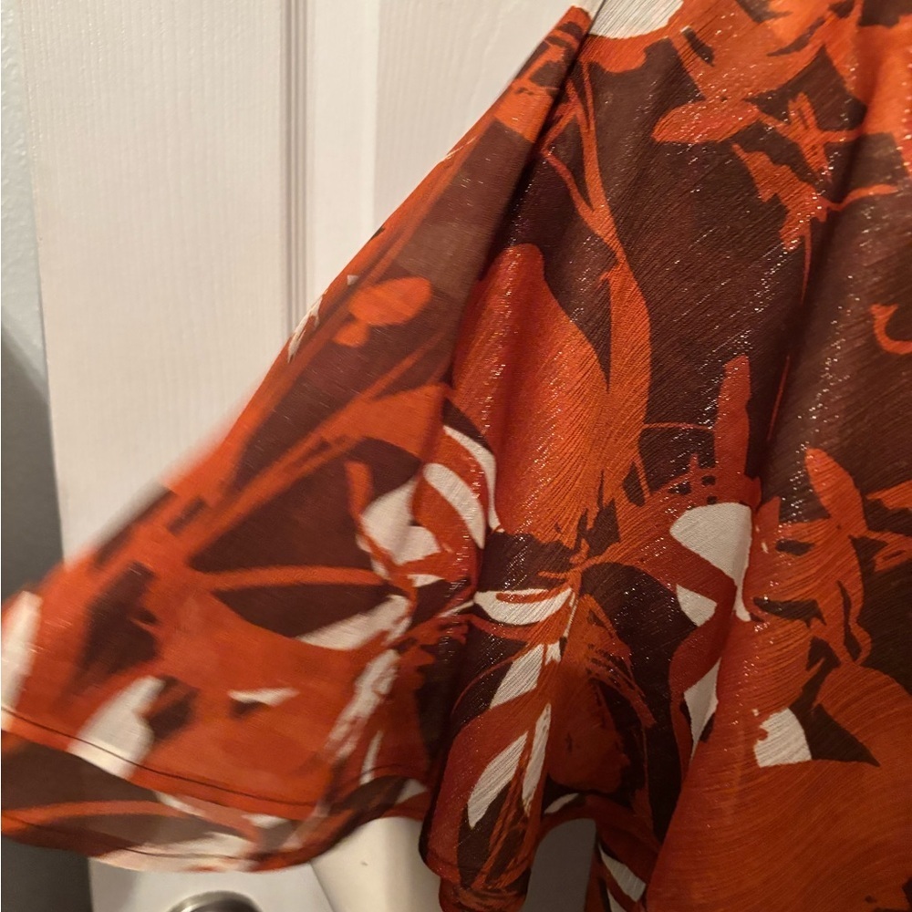 CALVIN KLEIN Flutter Sleeve Wrap Dress 'Earth Multi' Orange Rust Autumn Sz 16 - Picture 8 of 13